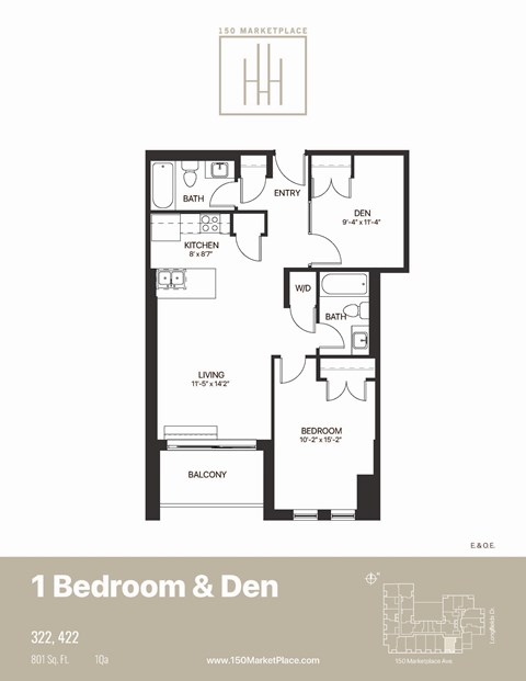 Floor plan for 1 bed, 2 baths, 801 sqft